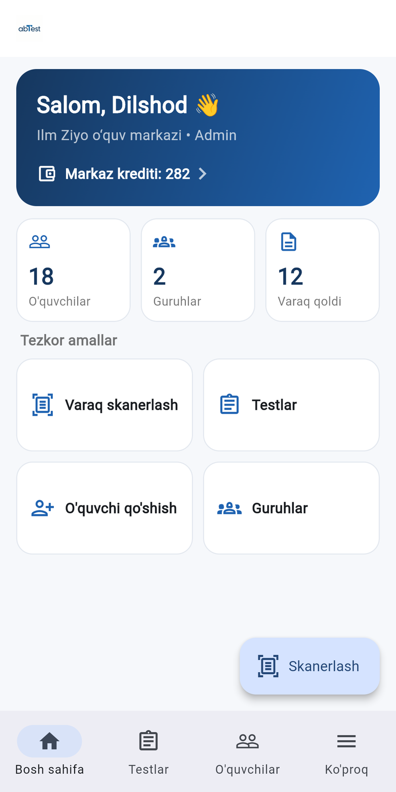 abTest ilovasi: bosh sahifa