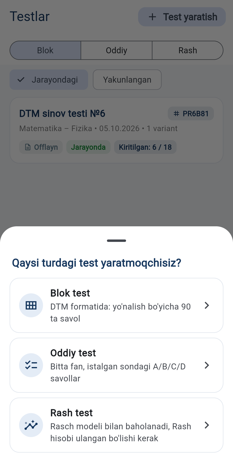 abTest ilovasi: test turini tanlash