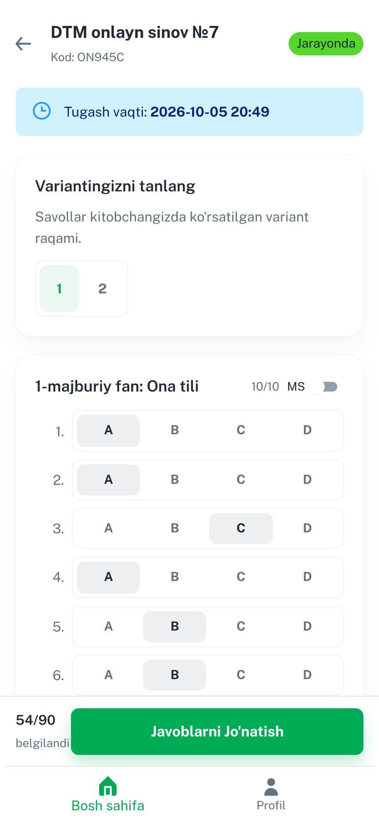 Telegram ilovasida o'quvchi blok test yechmoqda